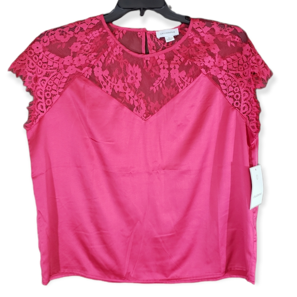 Calligraphie Top Lace Slip Popover Short Sleeve Blouse Size XL